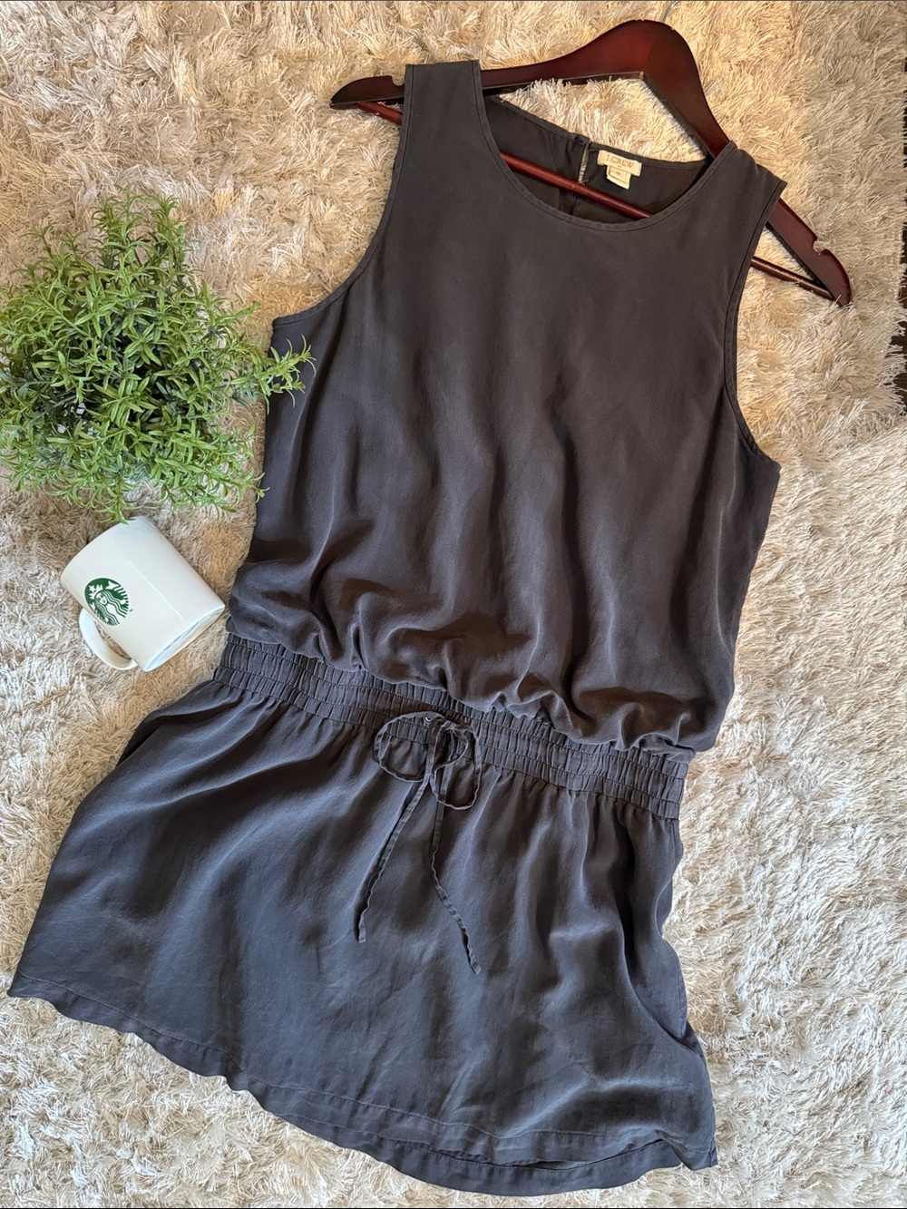 EUC J. Crew 100% Silk Sleeveless Drawstring Mini Dress Black/Charcoal Gray Med